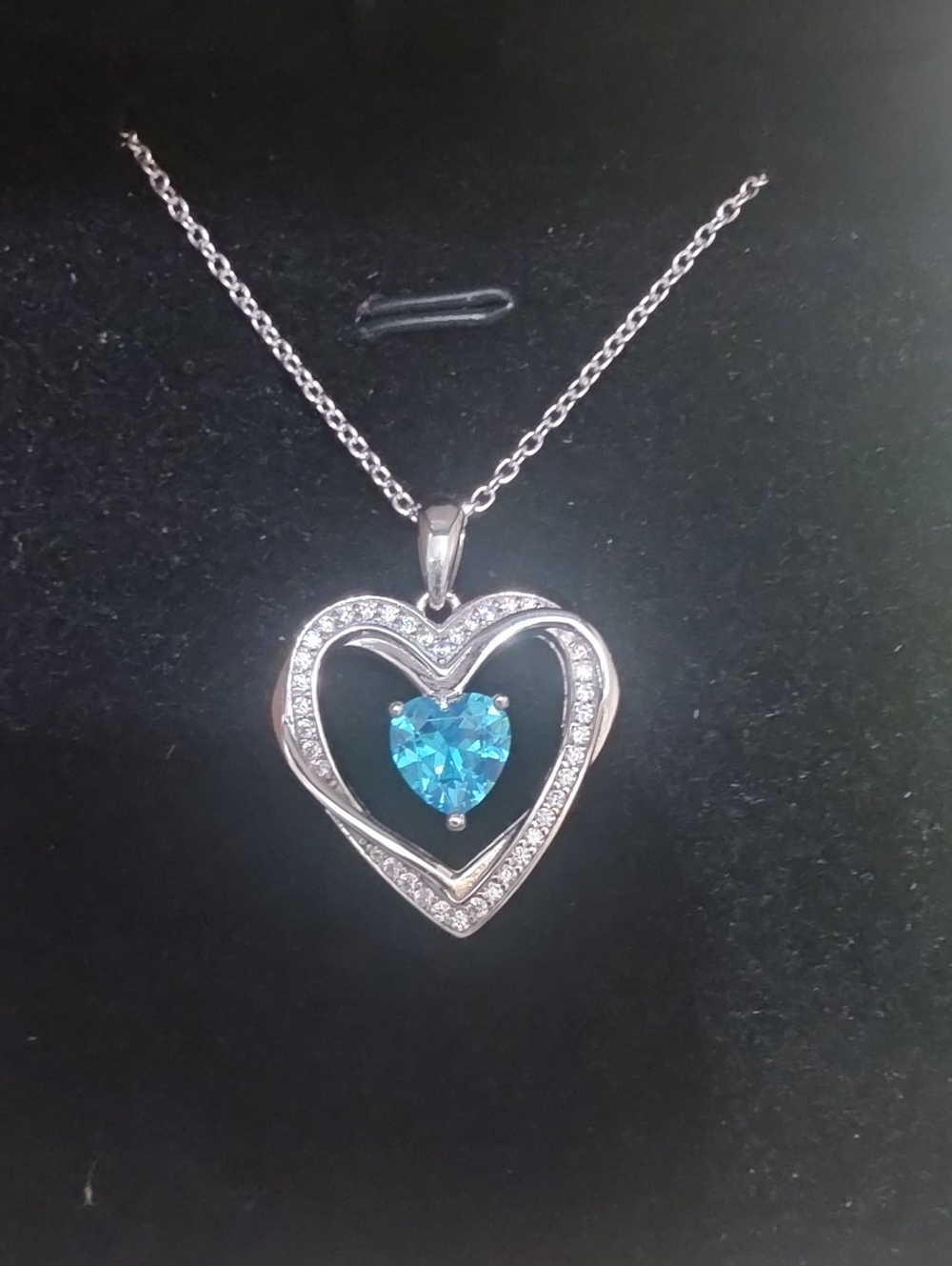 S925 Silver Heart Pendant Necklace with Blue Heart Gem